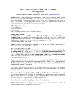 OBITUARIES for COOKEVILLE CITY CEMETERY & Additional Information T-Z (Compiled by Audrey J