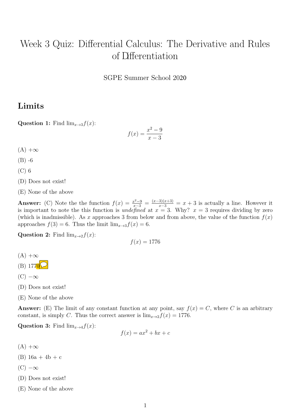 Week 3 Quiz: Differential Calculus: the Derivative and Rules of Differentiation