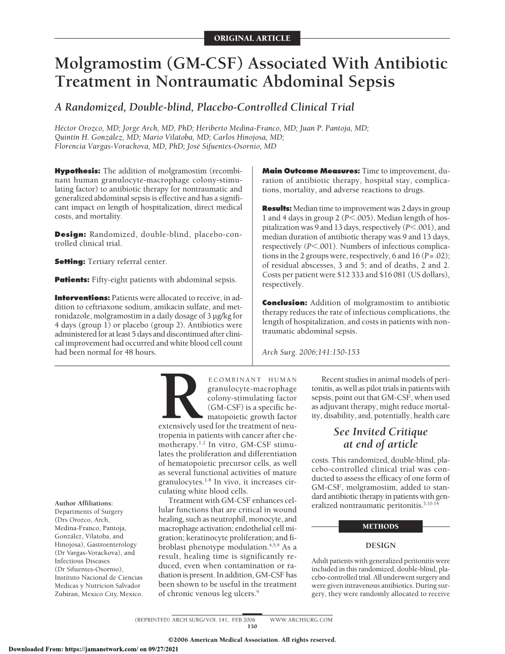 Molgramostim (GM-CSF) Associated with Antibiotic Treatment in Nontraumatic Abdominal Sepsis a Randomized, Double-Blind, Placebo-Controlled Clinical Trial