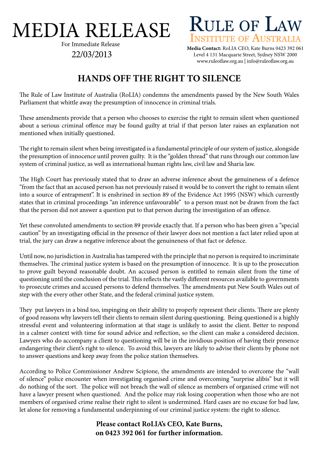 Media Release: HANDS OFF the RIGHT to SILENCE