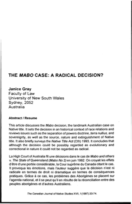 The Mabo Case: a Radical Decision?