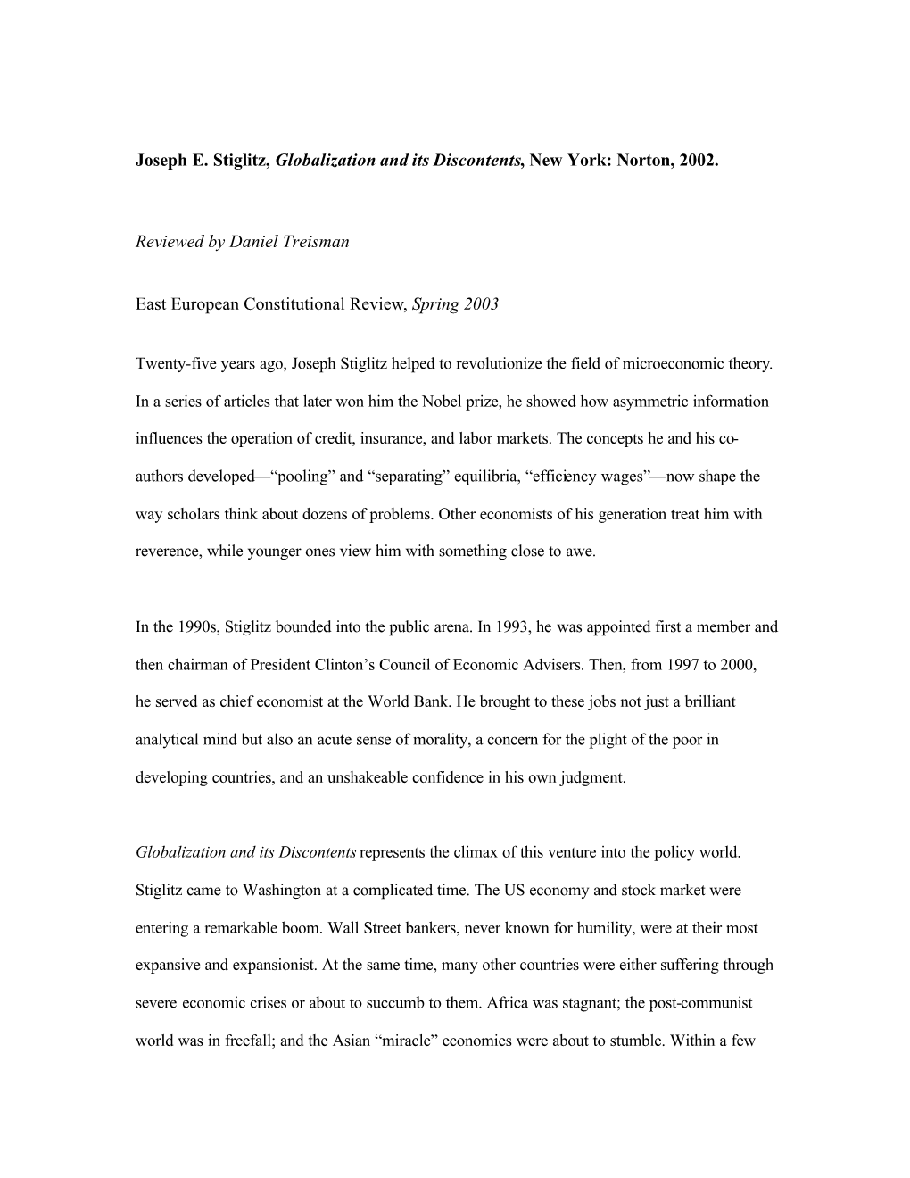 Globalization and Its Discontents, New York: Norton, 2002