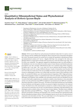 Quantitative Ethnomedicinal Status and Phytochemical Analysis of Berberis Lyceum Royle