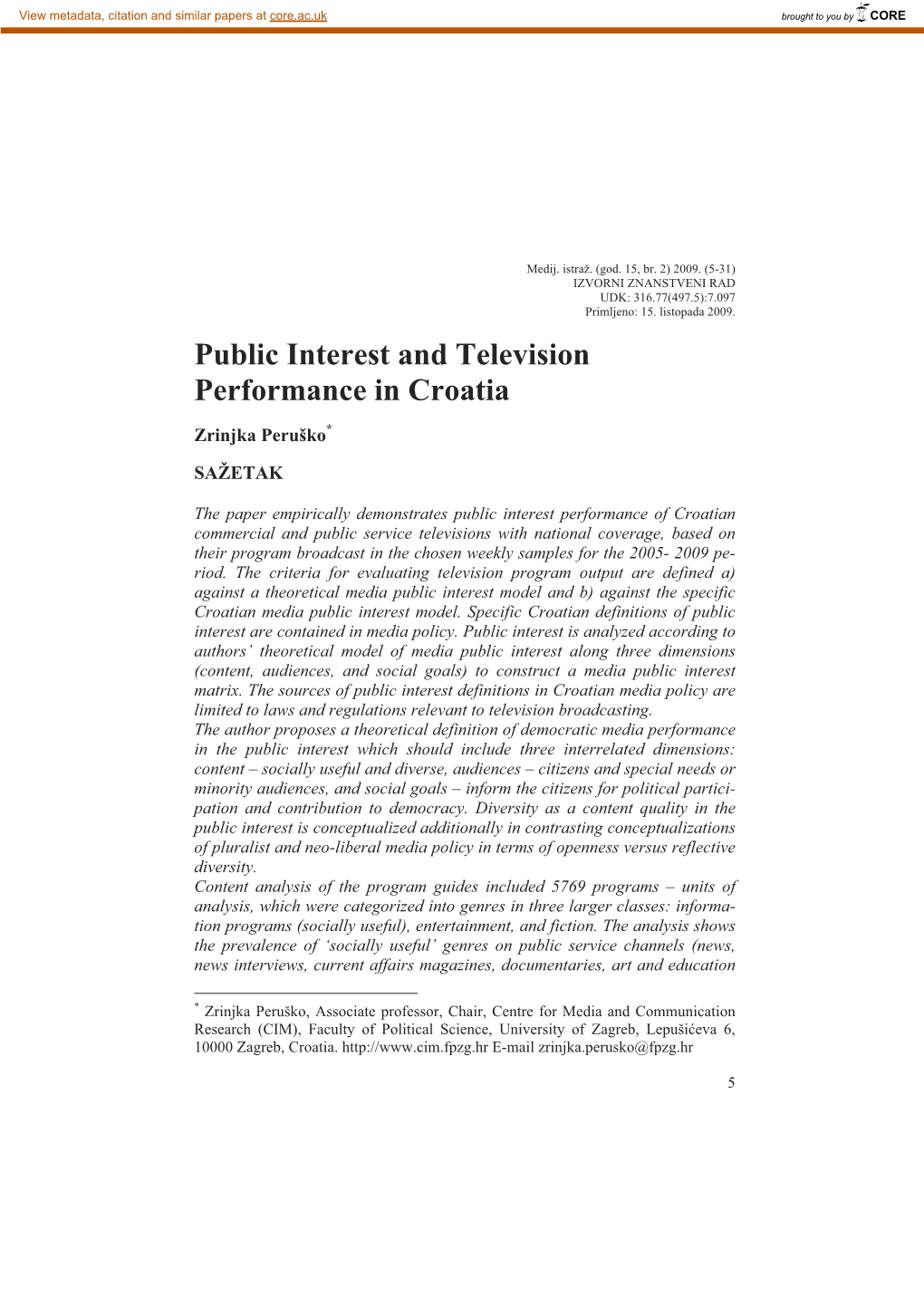 Public Interest and Television Performance in Croatia