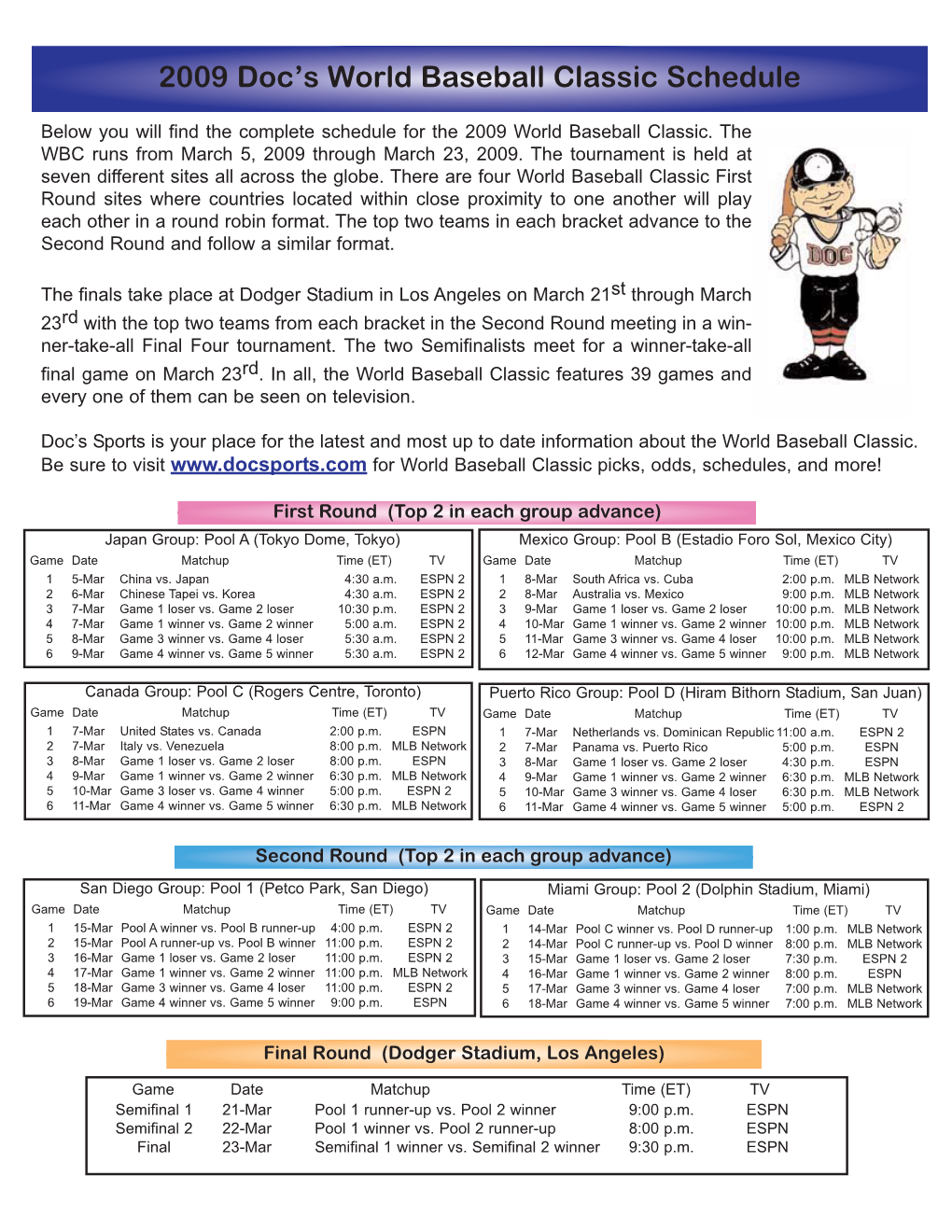 World Baseball Classic Bracket Schedule.Qxp