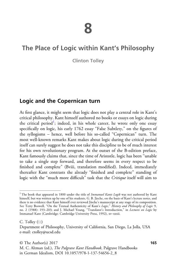 The Place of Logic Within Kant's Philosophy