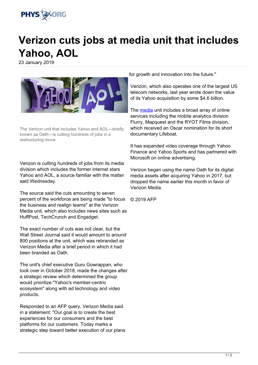 Verizon Cuts Jobs at Media Unit That Includes Yahoo, AOL 23 January 2019