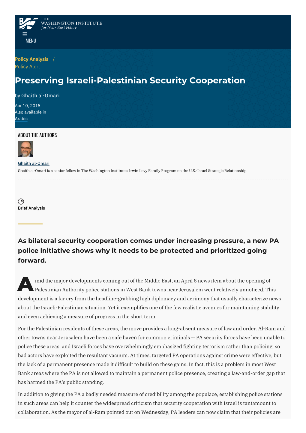 Preserving Israeli-Palestinian Security Cooperation by Ghaith Al-Omari