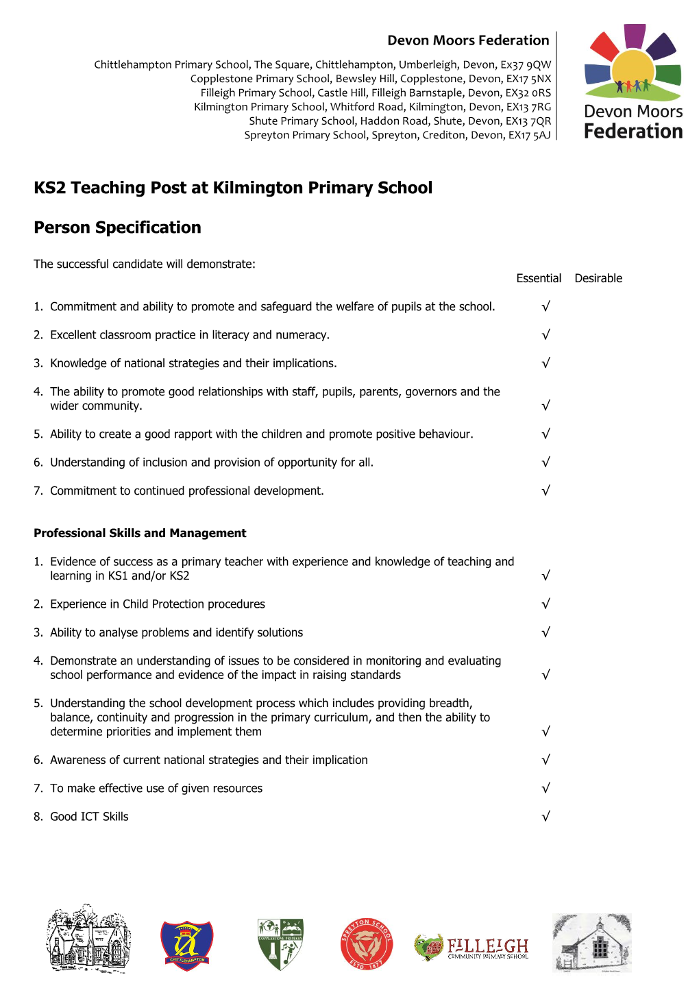 KS2 Teaching Post at Kilmington Primary School Person Specification