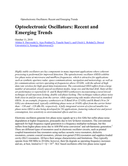 Optoelectronic Oscillators: Recent and Emerging Trends Optoelectronic Oscillators: Recent and Emerging Trends
