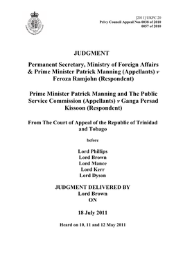 Prime Minister Patrick Manning and the Public Service Commission (Appellants) V Ganga Persad Kissoon (Respondent)