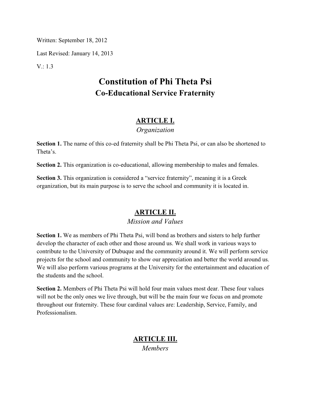 Constitution of Phi Theta Psi Co-Educational Service Fraternity