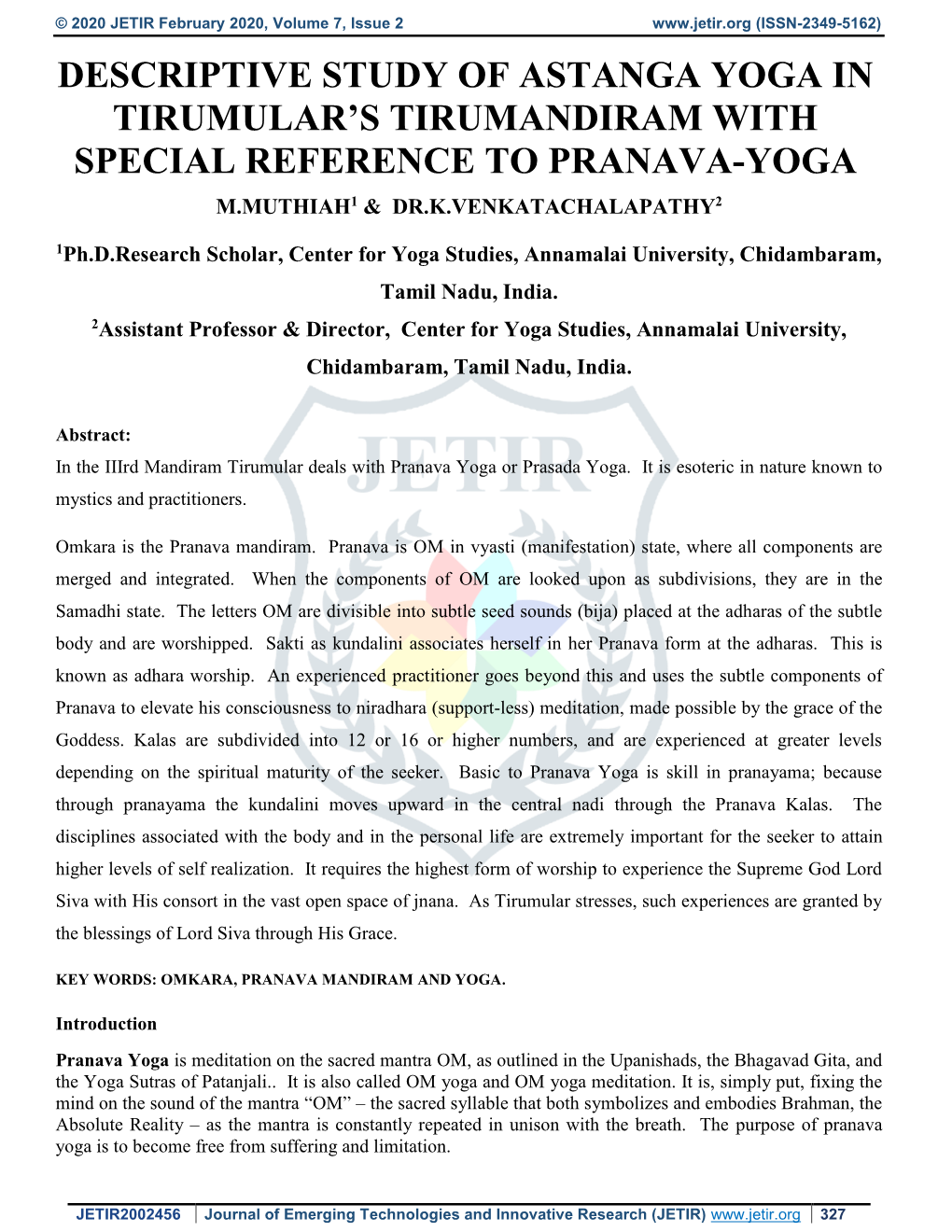 Descriptive Study of Astanga Yoga in Tirumular's Tirumandiram with Special Reference to Pranava-Yoga