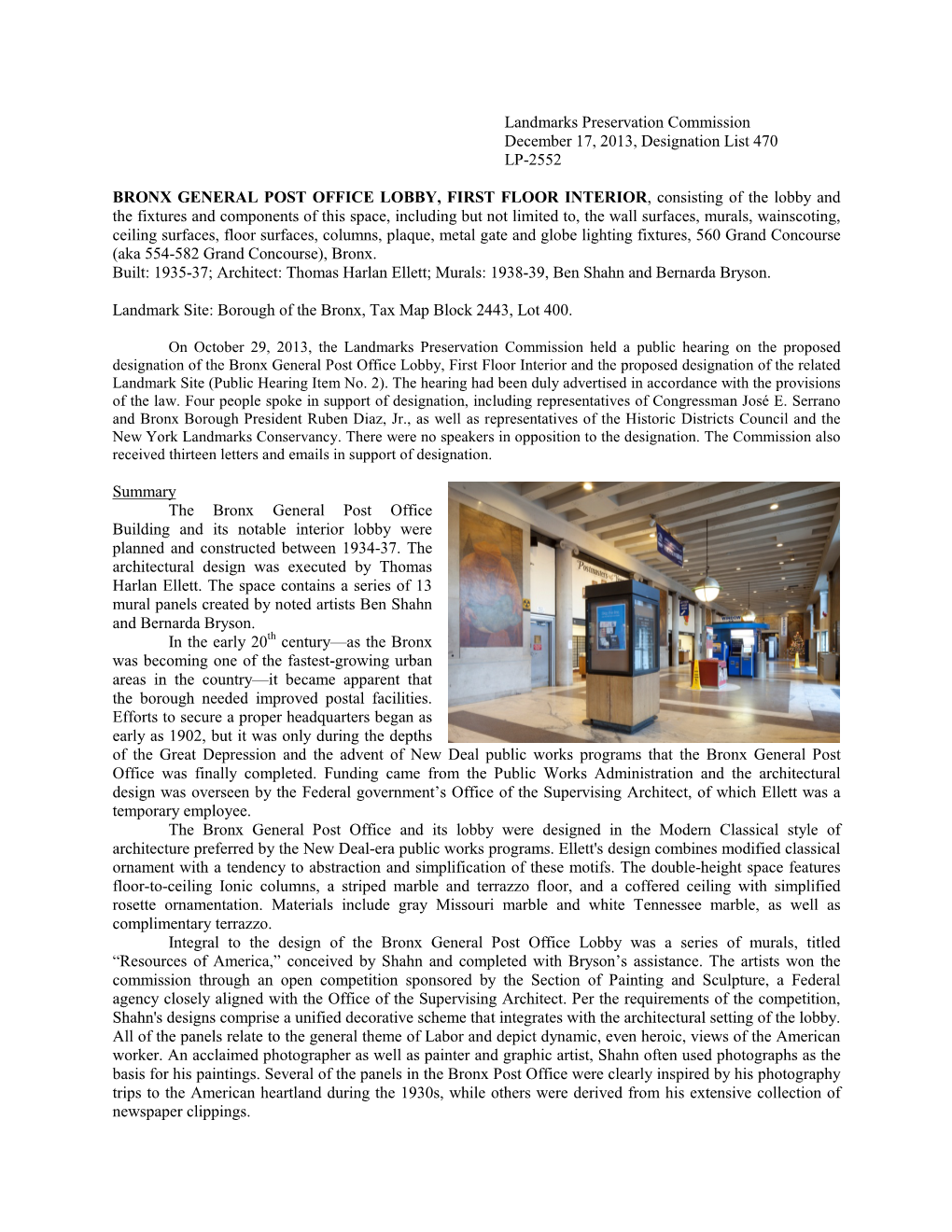 Bronx General Post Office Lobby, First Floor Interior Designation Report