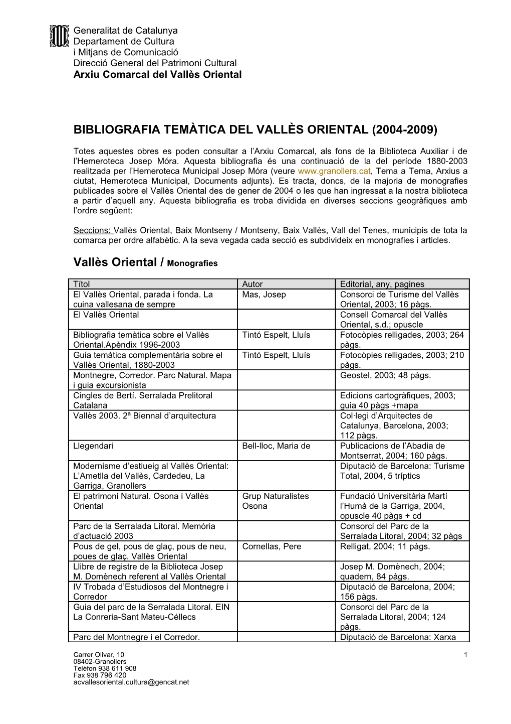 Bibliografia Temàtica Del Vallès Oriental (2004-2009)