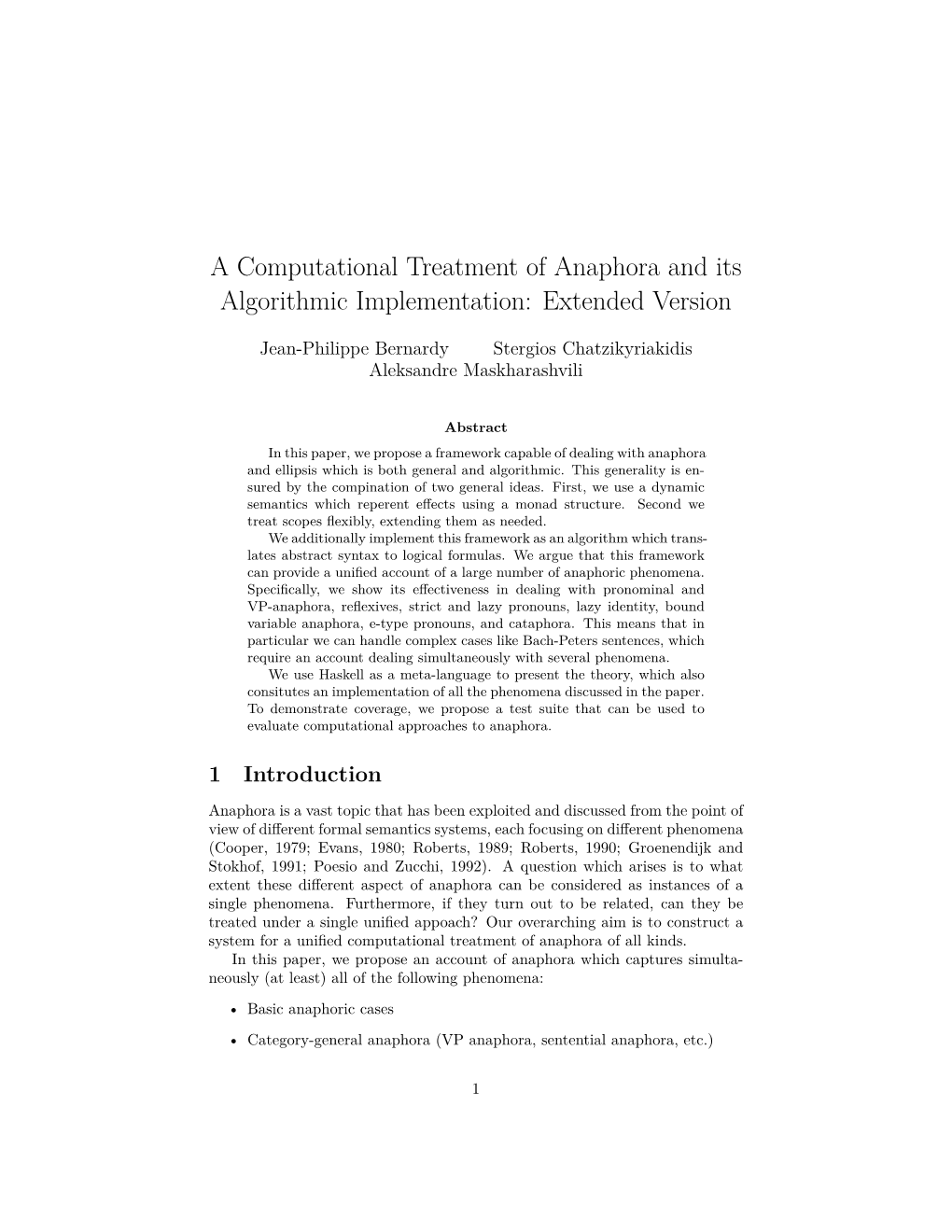 A Computational Treatment of Anaphora and Its Algorithmic Implementation: Extended Version