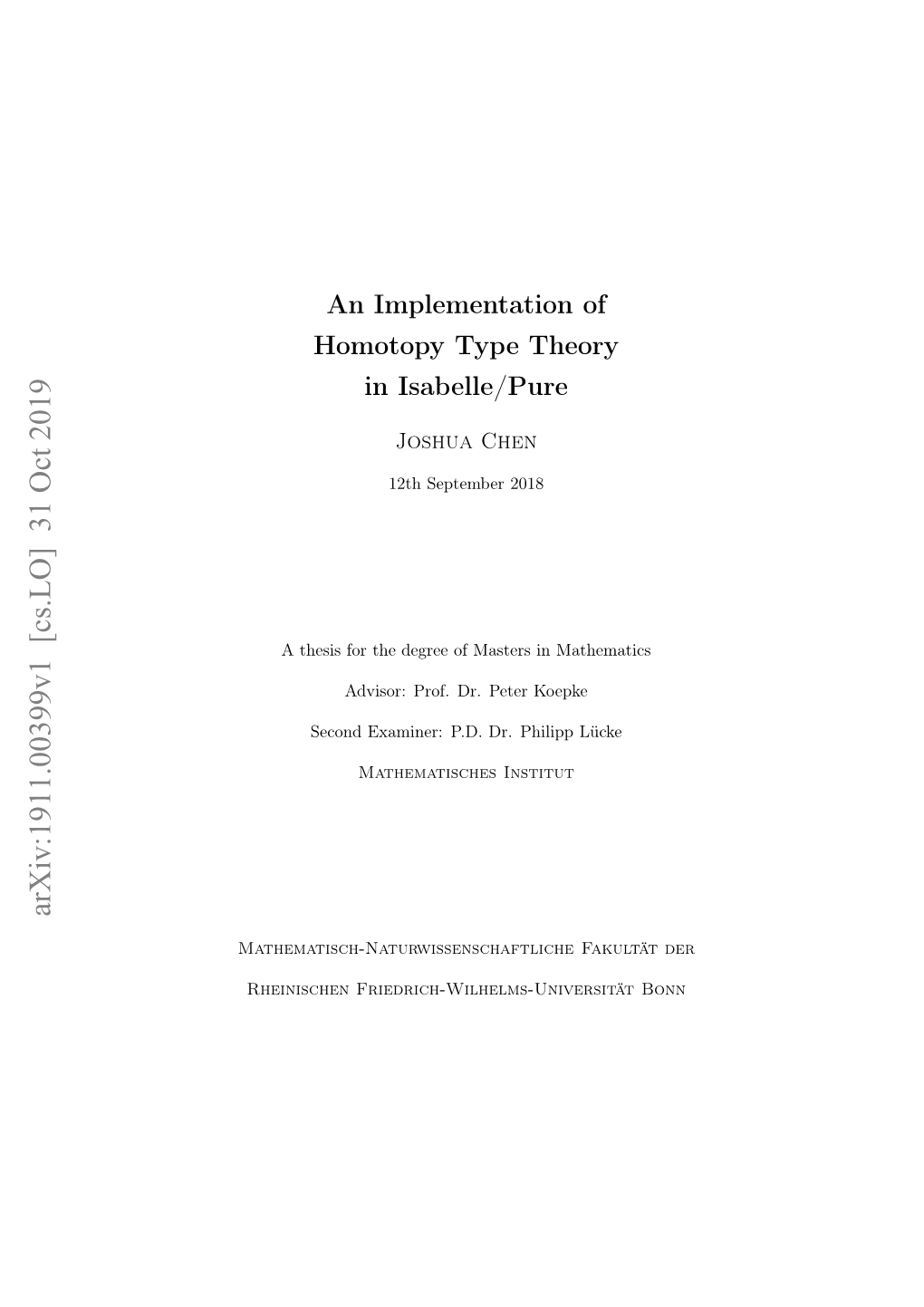An Implementation of Homotopy Type Theory in Isabelle/Pure