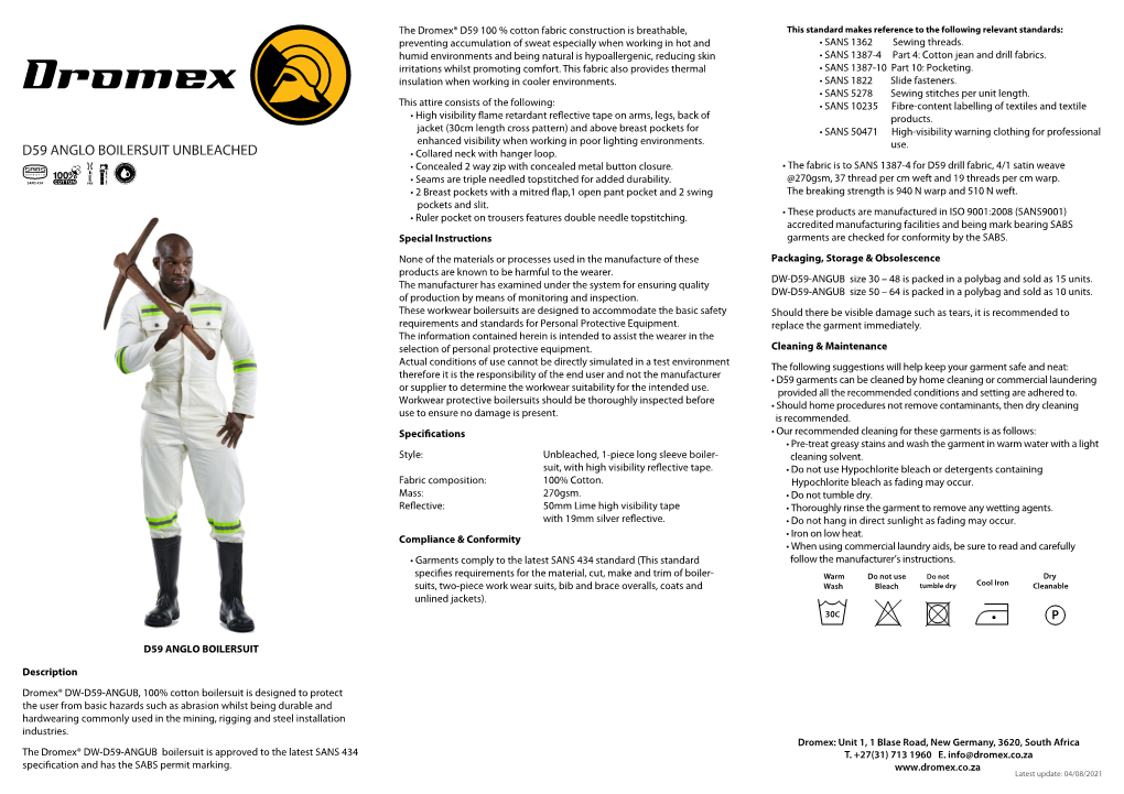 Technical Datasheet D59 RT BOILERSUIT MINING SPEC