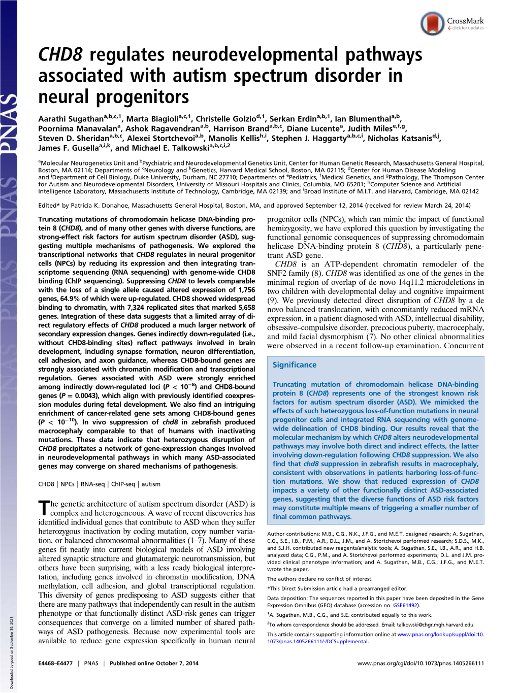 CHD8 Regulates Neurodevelopmental Pathways Associated with Autism Spectrum Disorder in Neural Progenitors
