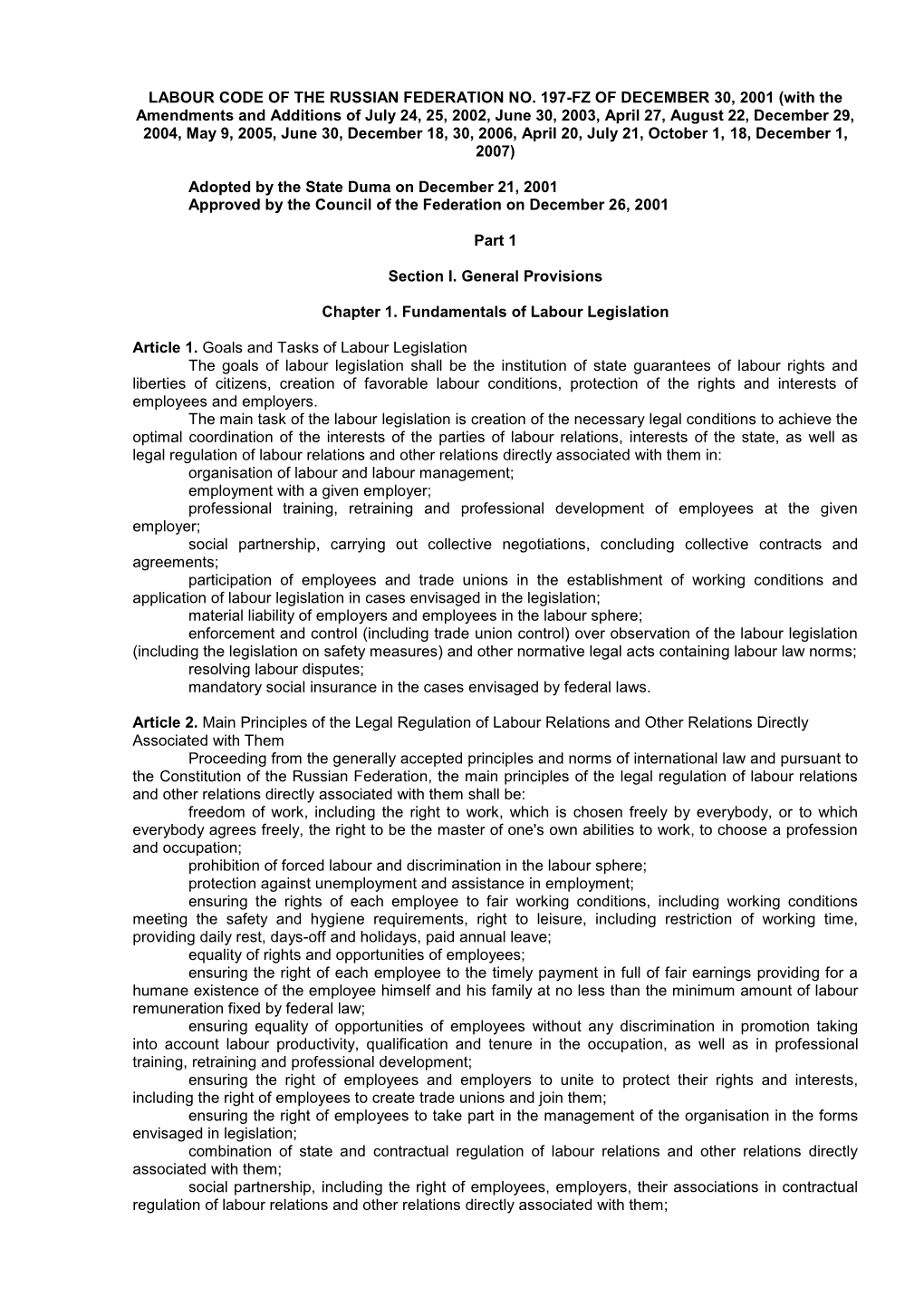 Labour Code of Rf No. 197-Fz of 30.12.01
