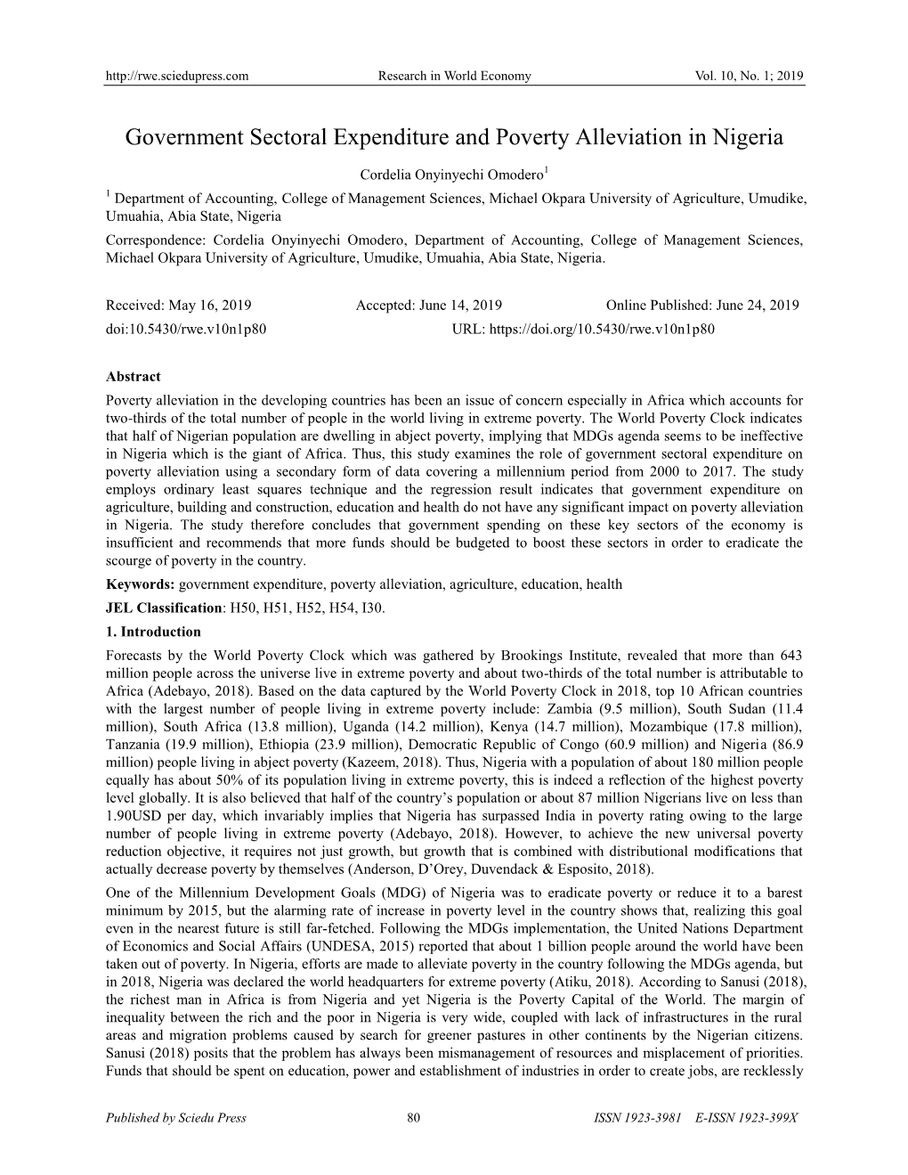 Government Sectoral Expenditure and Poverty Alleviation in Nigeria