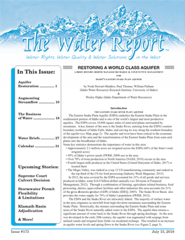 In This Issue: a Brief History Behind Managed Recharge & Conjunctive Management for Idaho’S Eastern Snake Plain Aquifer Aquifer Restoration