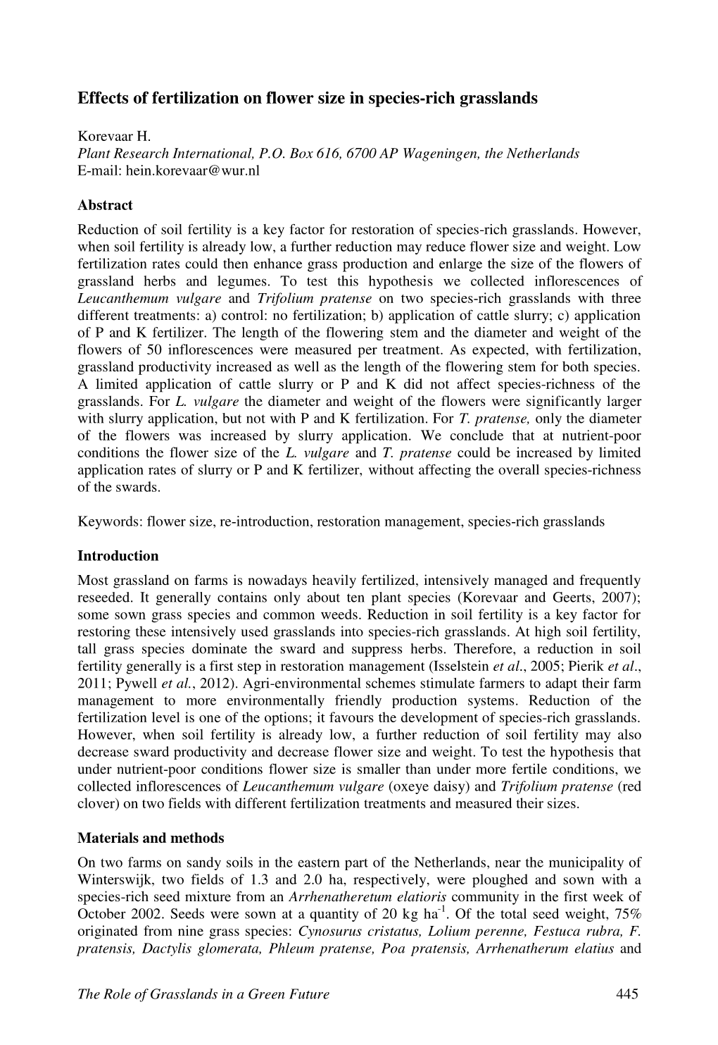 Effects of Fertilization on Flower Size in Species-Rich Grasslands