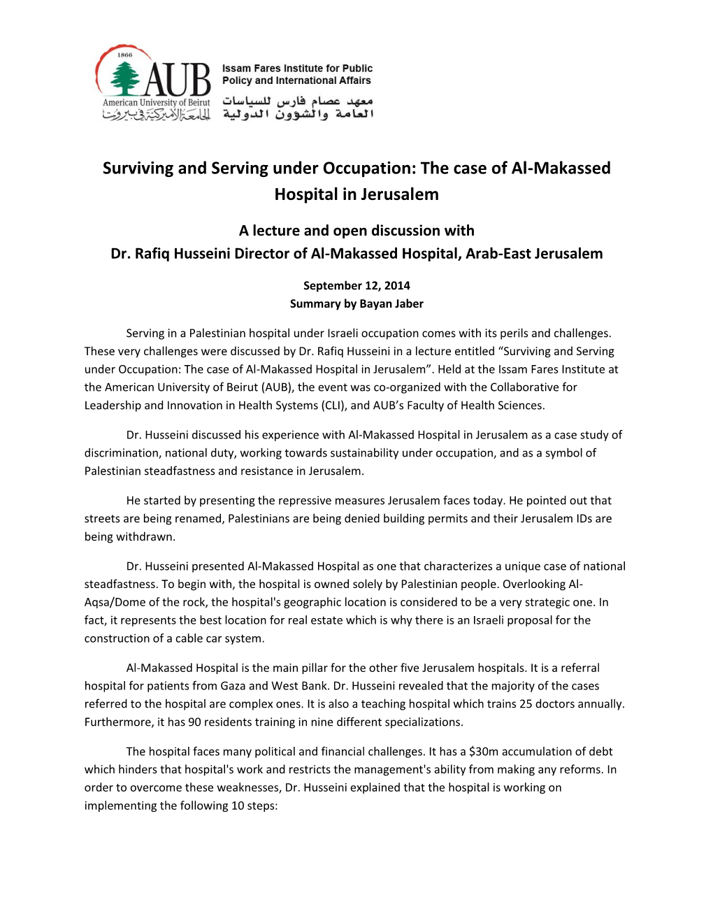 The Case of Al-Makassed Hospital in Jerusalem