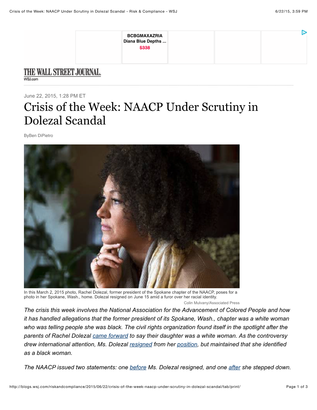 Crisis of the Week: NAACP Under Scrutiny in Dolezal Scandal - Risk & Compliance - WSJ 6/22/15, 3:59 PM