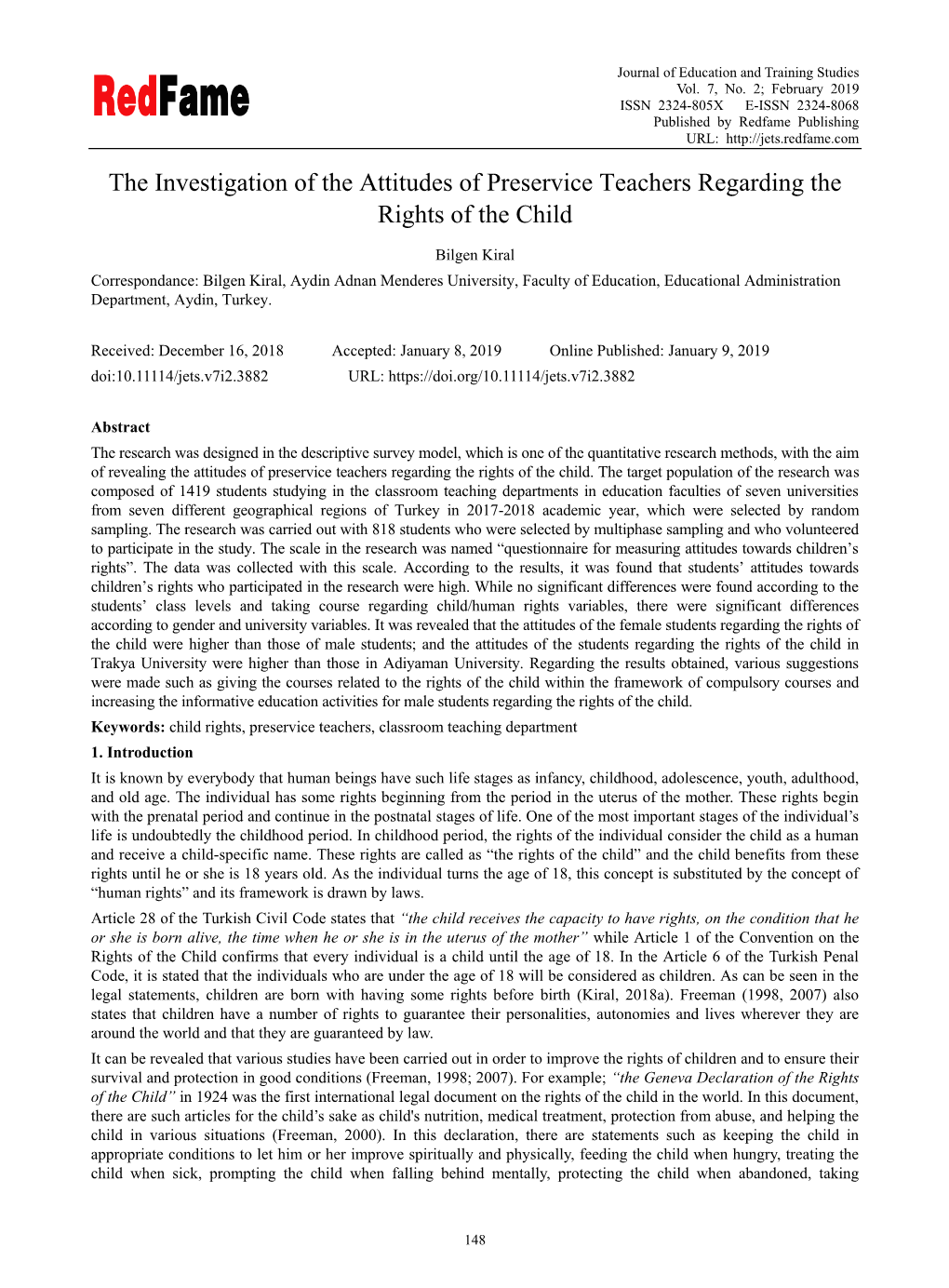 The Investigation of the Attitudes of Preservice Teachers Regarding the Rights of the Child
