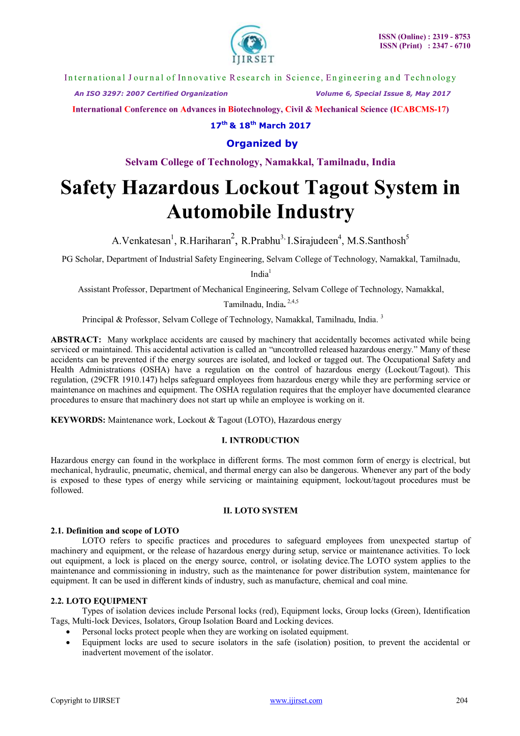 Safety Hazardous Lockout Tagout System in Automobile Industry