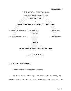 Reportable in the Supreme Court of India Civil Original Jurisdiction I.A
