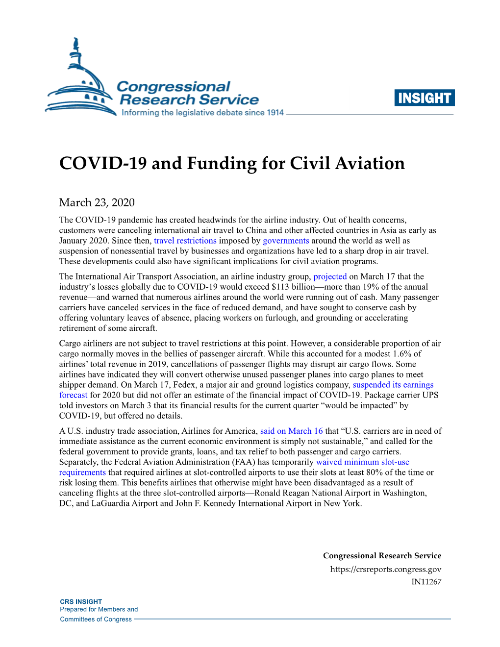 COVID-19 and Funding for Civil Aviation