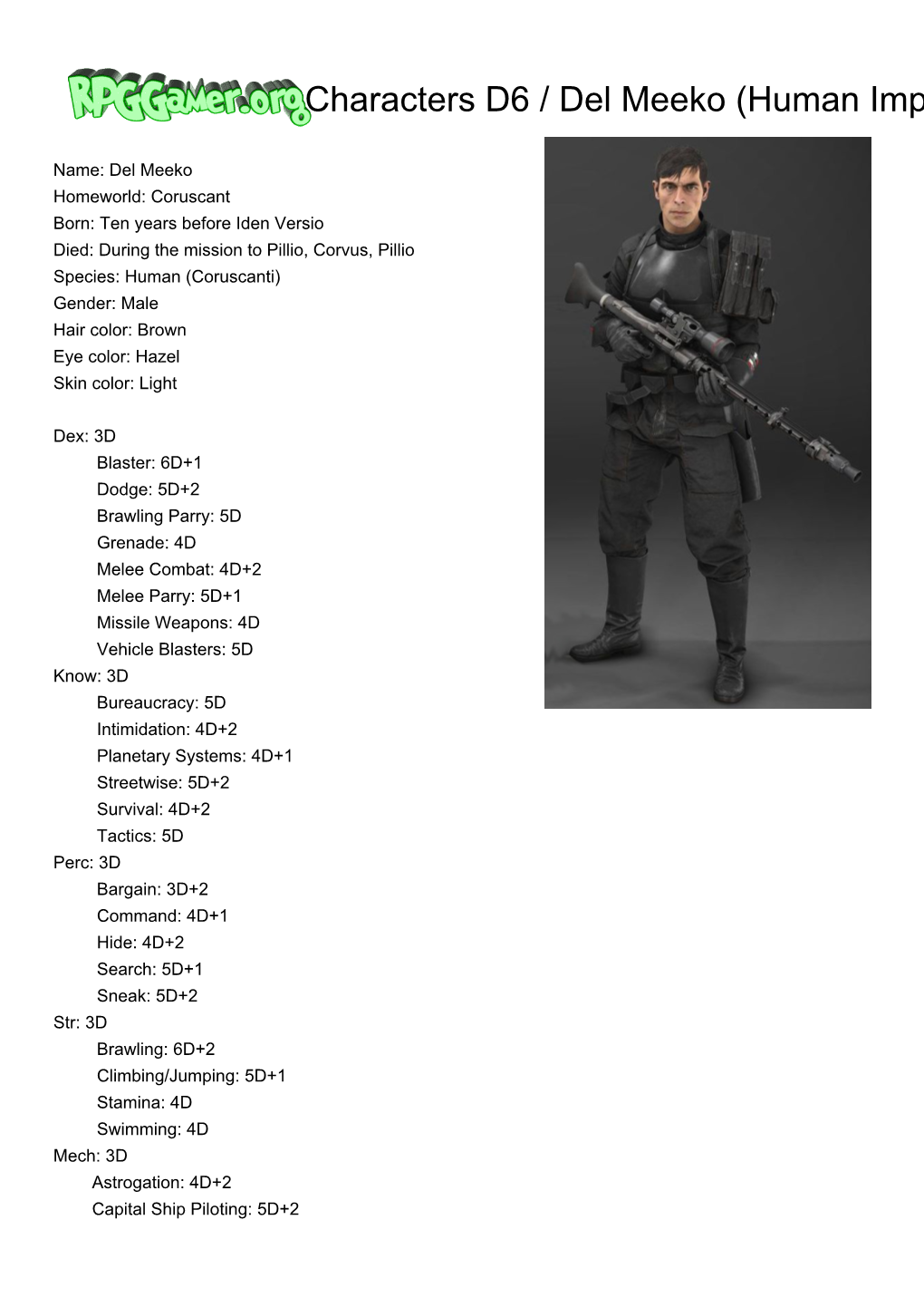 Characters D6 / Del Meeko (Human Imperial Special Forces Trooper