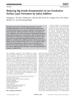 Reducing Mg Anode Overpotential Via Ion Conductive Surface Layer Formation by Iodine Additive