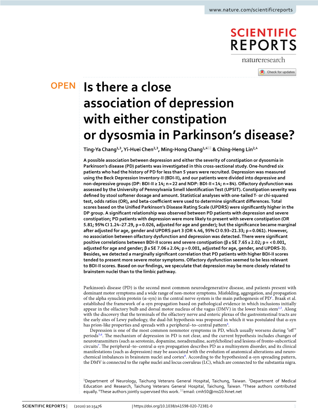 Is There a Close Association of Depression with Either Constipation
