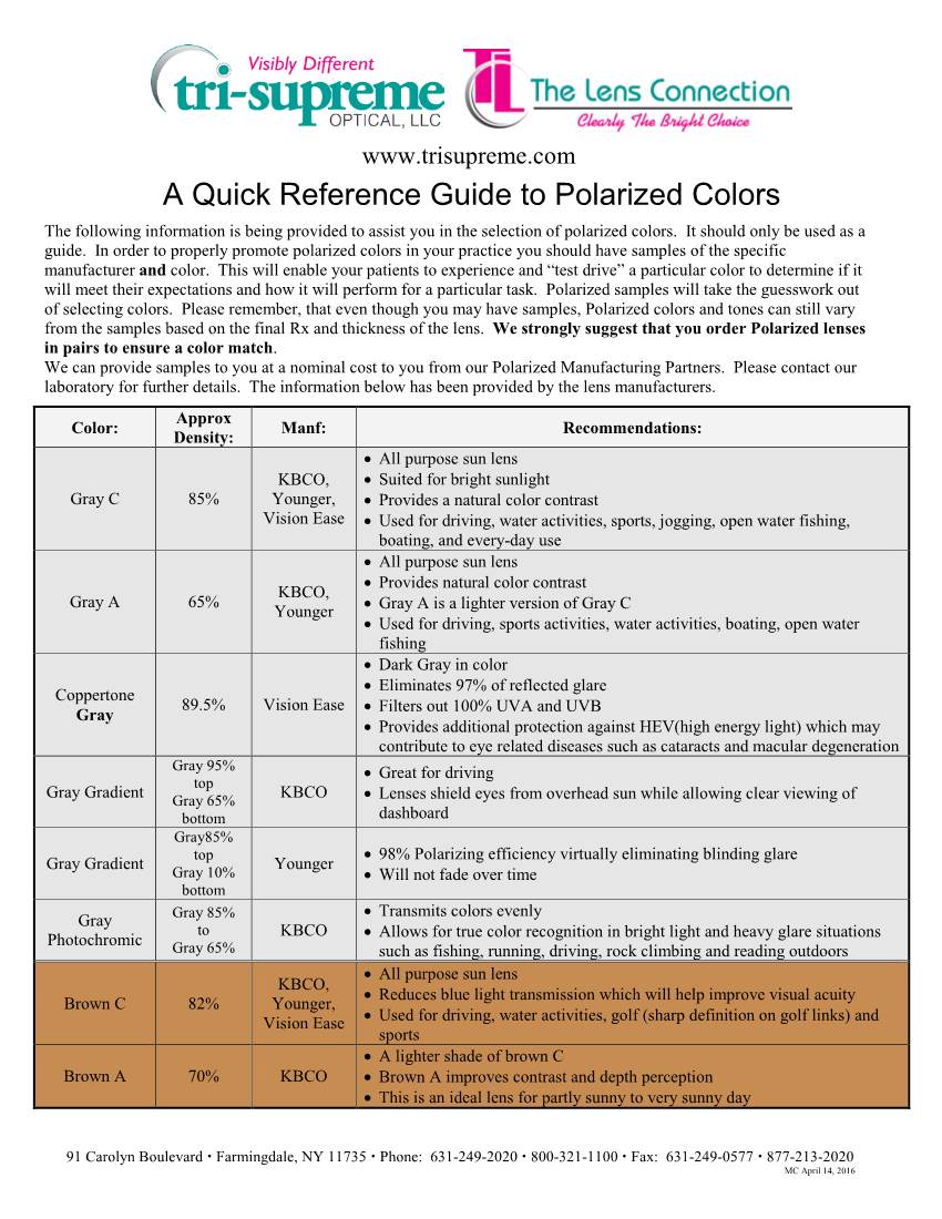 A Quick Reference Guide to Polarized Colors the Following Information Is Being Provided to Assist You in the Selection of Polarized Colors