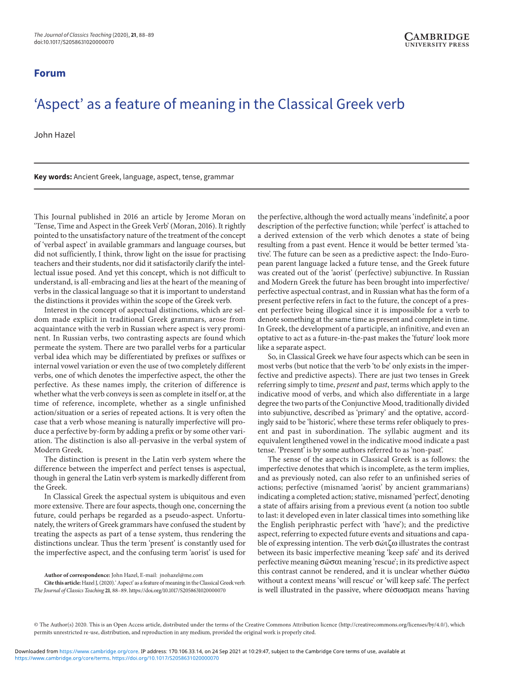 'Aspect' As a Feature of Meaning in the Classical Greek Verb
