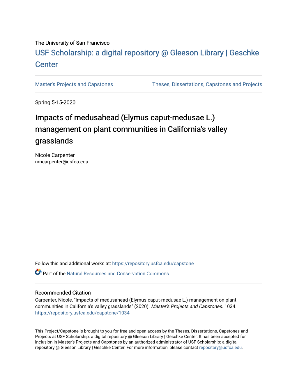 Impacts of Medusahead (Elymus Caput-Medusae L.) Management on Plant Communities in California’S Valley Grasslands