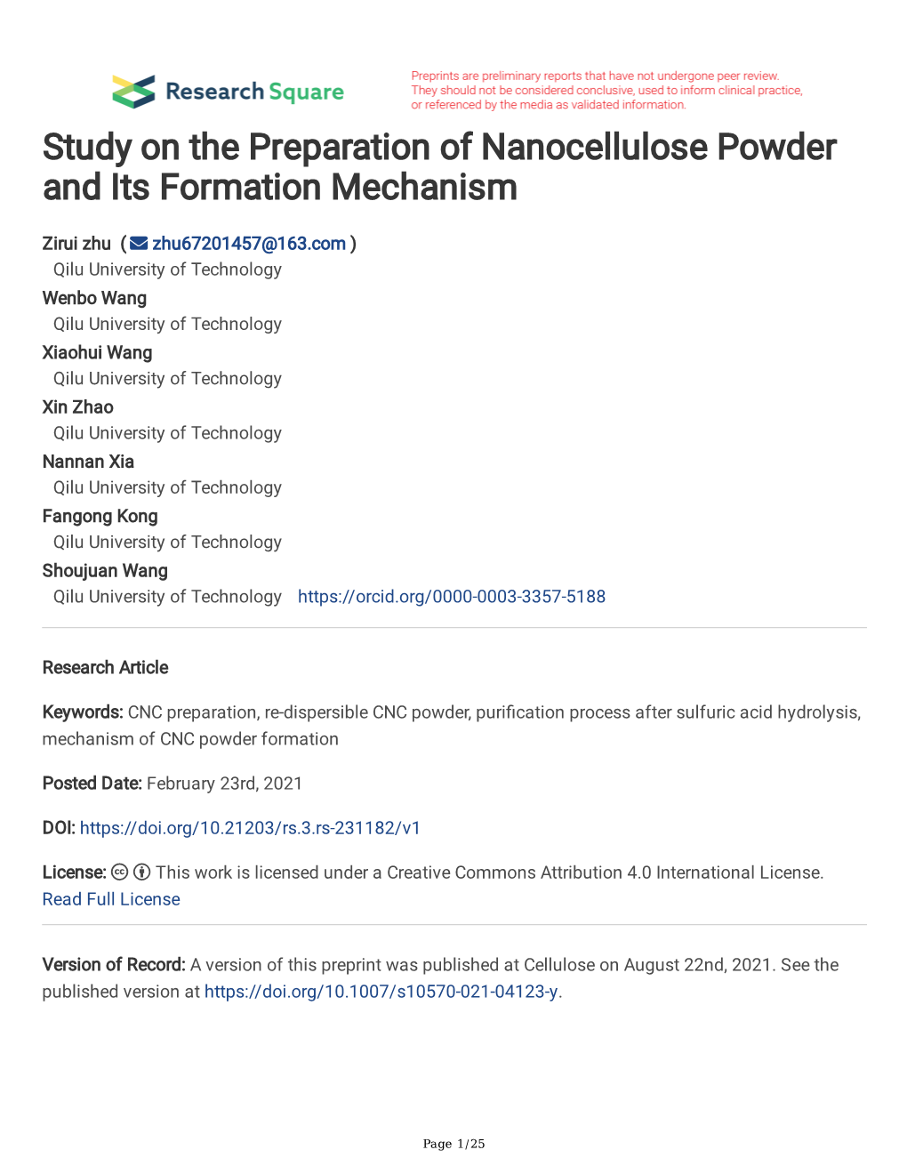 Study on the Preparation of Nanocellulose Powder and Its Formation Mechanism