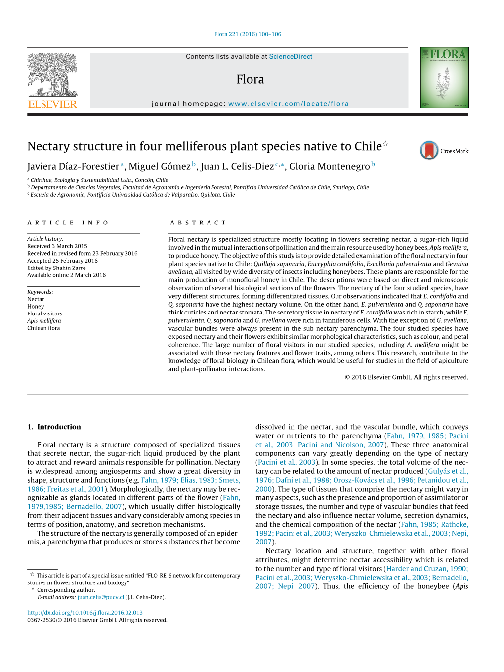 Nectary Structure in Four Melliferous Plant Species Native to Chile