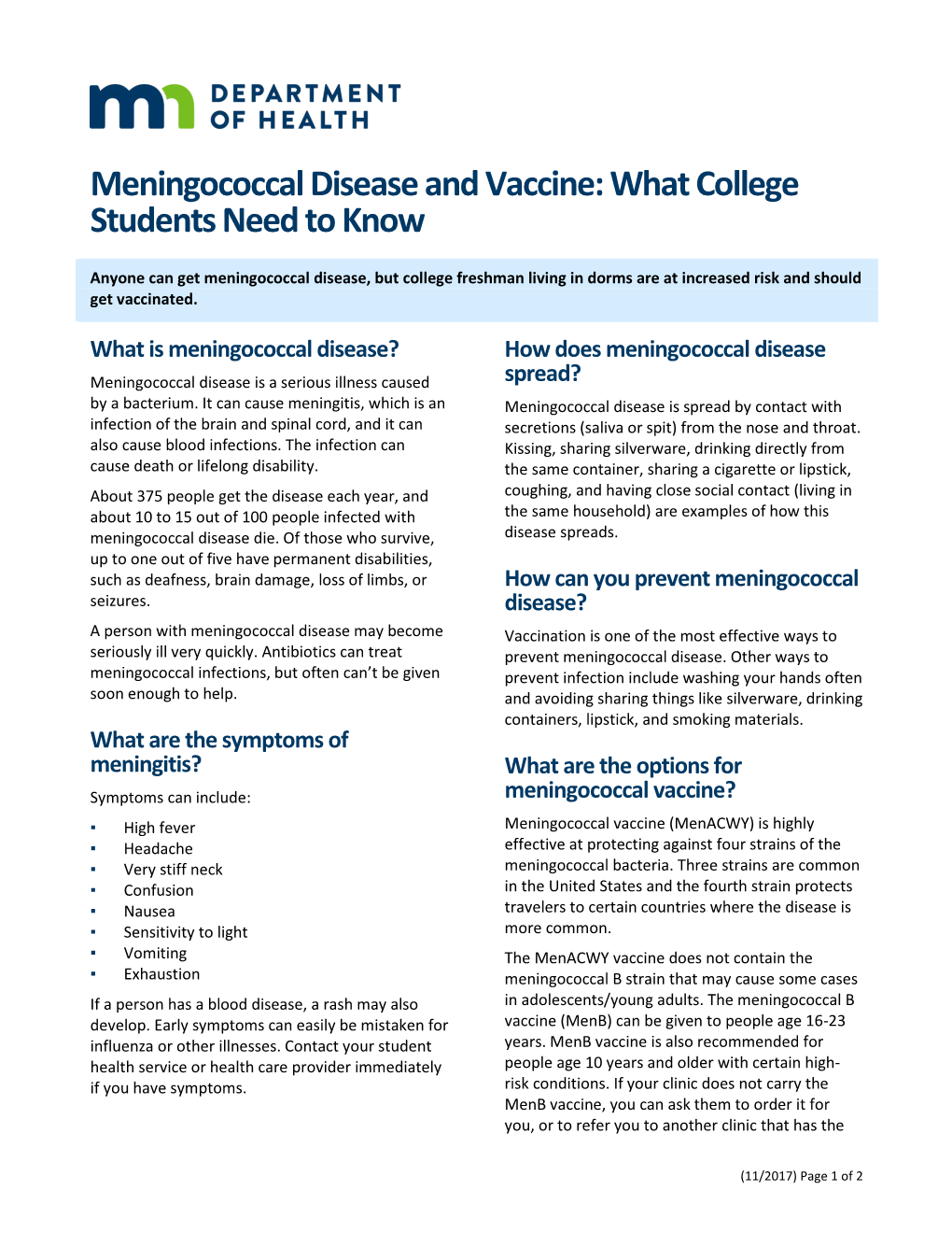 Meningococcal Disease and Vaccine: What College Students Need to Know