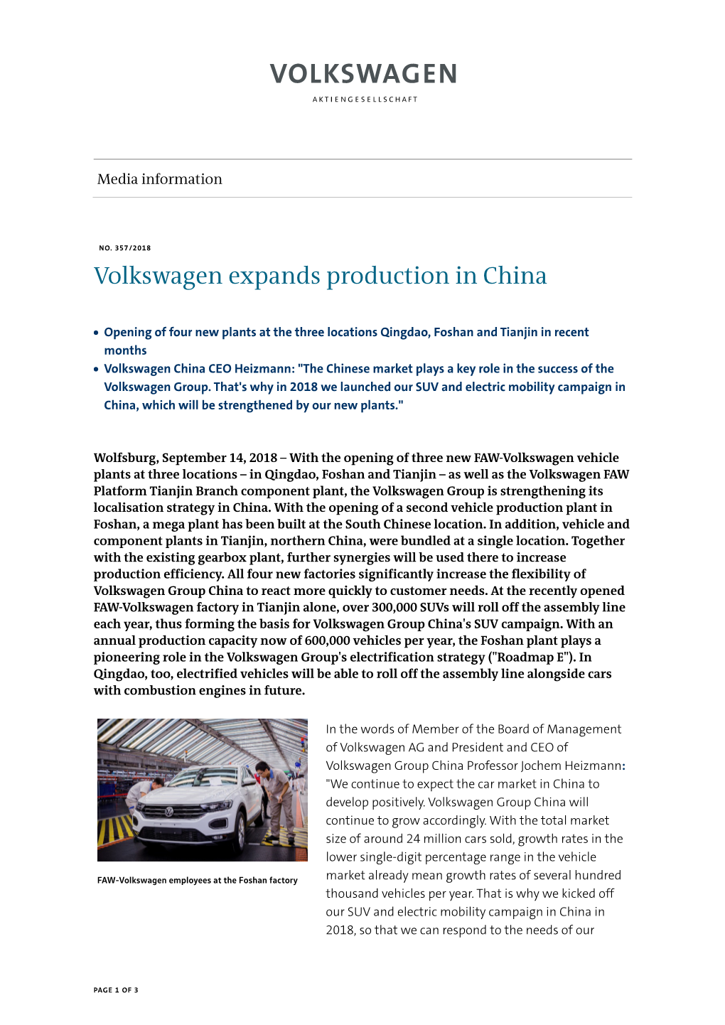 Volkswagen Expands Production in China
