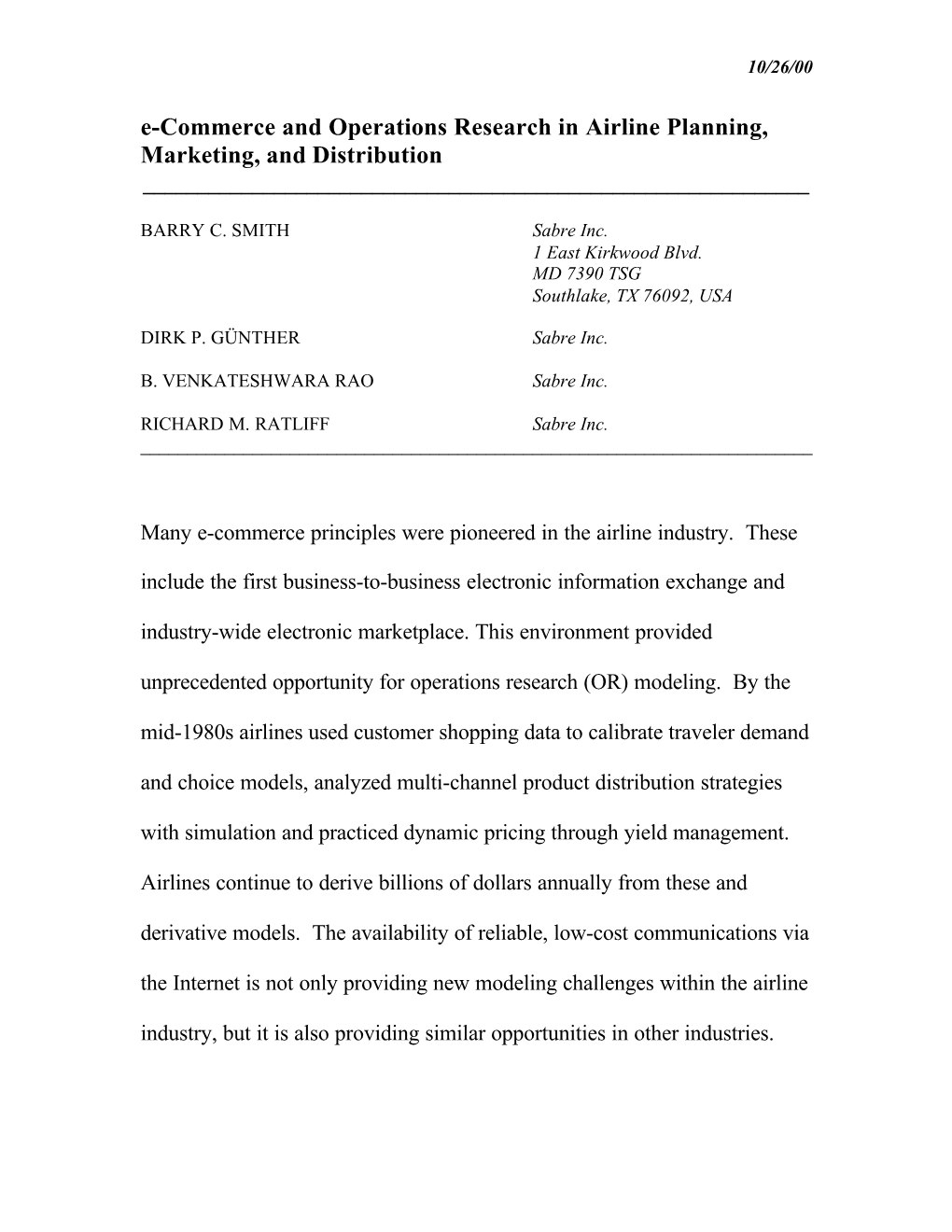 E-Commerce and Operations Research in Airline Planning, Marketing, and Distribution ______