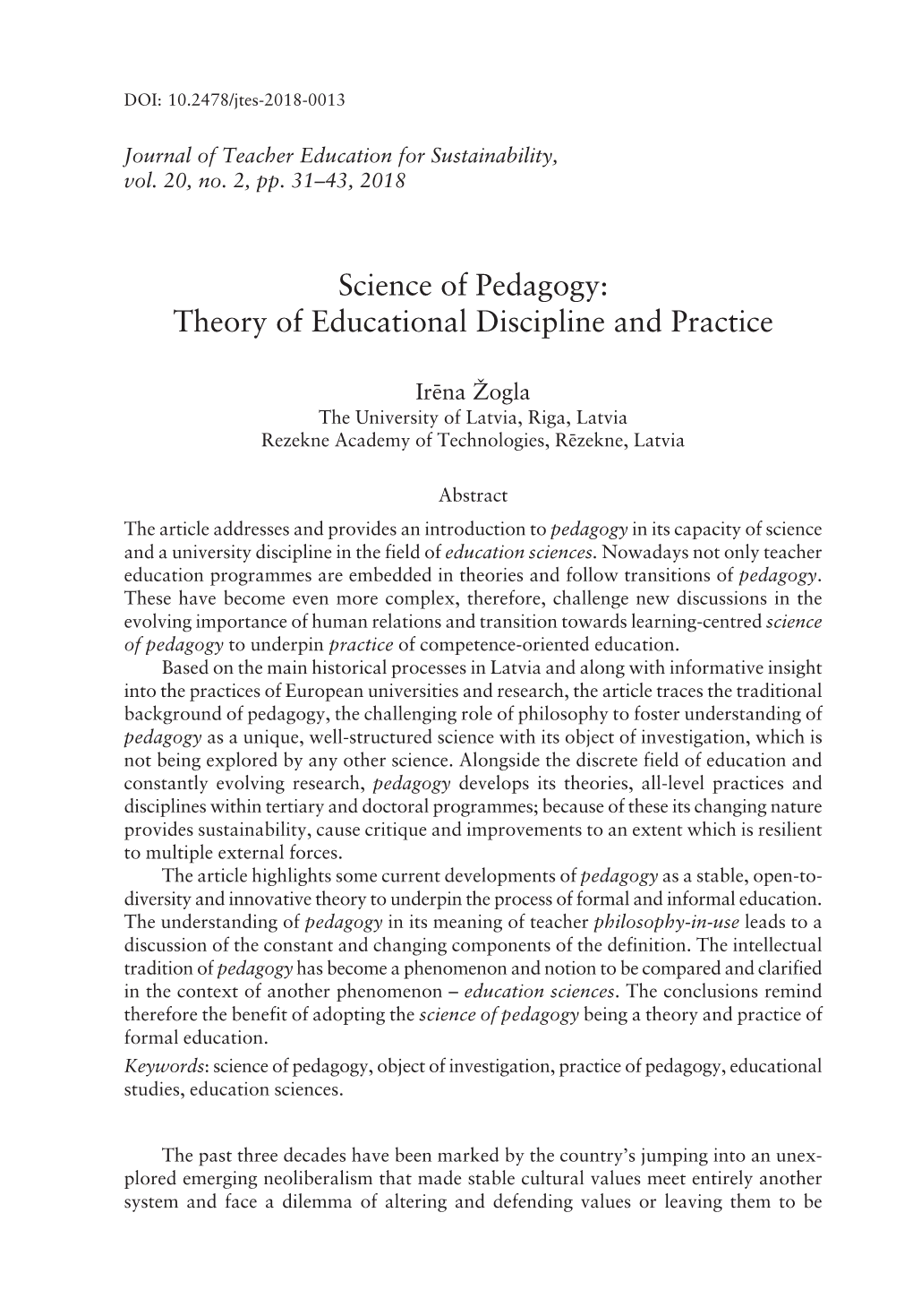 Science of Pedagogy: Theory of Educational Discipline and Practice