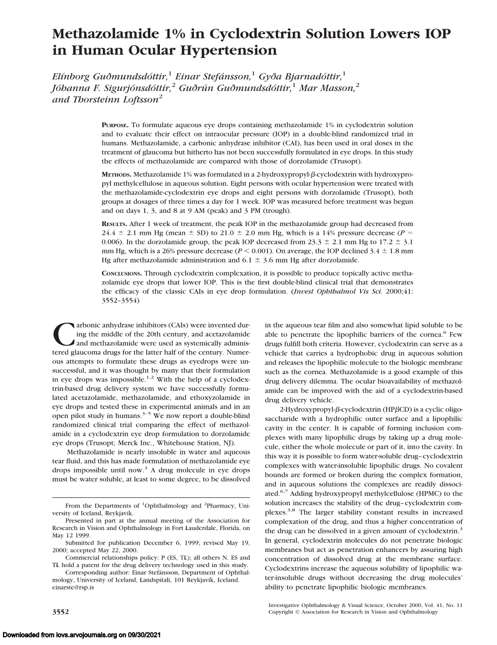 Methazolamide 1% in Cyclodextrin Solution Lowers IOP in Human Ocular Hypertension