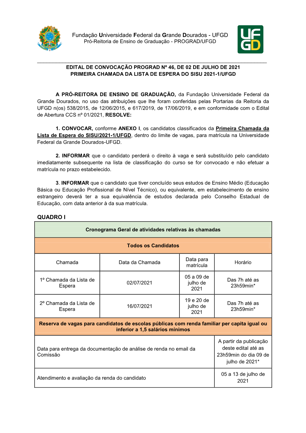 Fundação Universidade Federal Da Grande Dourados - UFGD Pró-Reitoria De Ensino De Graduação - PROGRAD/UFGD