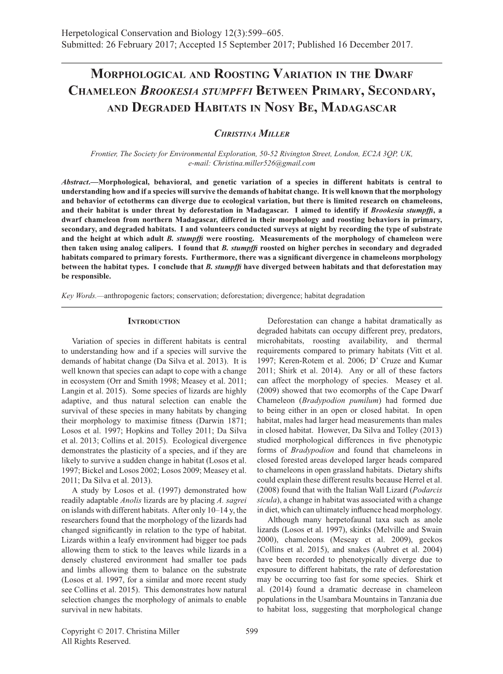 Morphological and Roosting Variation in the Dwarf Chameleon Brookesia Stumpffi Between Primary, Secondary, and Degraded Habitats in Nosy Be, Madagascar