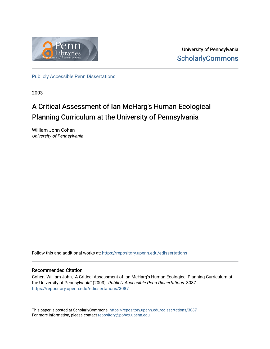A Critical Assessment of Ian Mcharg's Human Ecological Planning Curriculum at the University of Pennsylvania