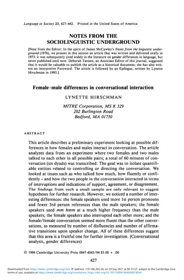 Female–Male Differences in Conversational Interaction